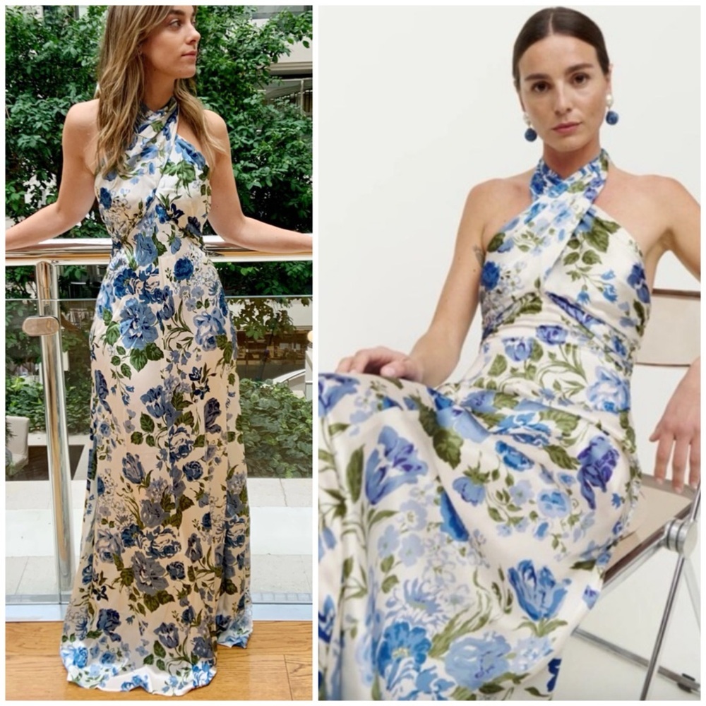 Reformation Blue and Green Floral Halter Maxi Dress